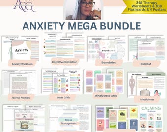 May include: A digital download bundle of printable worksheets and flashcards for anxiety management. The bundle includes resources for cognitive distortion, boundaries, burnout, inner critic, mindfulness, stress management, and window of tolerance. The bundle also includes 4 posters with calming strategies.