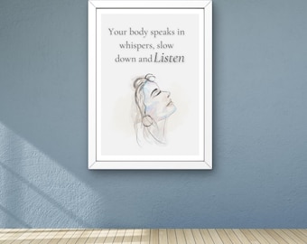 Impresión con cita sobre salud mental: Decoración para salas de terapia, arte de autocompasión (descarga digital)