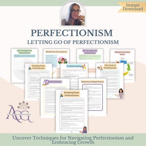 Könnte beinhalten: Ein digitaler Download von druckbaren Arbeitsblättern zur Bewältigung von Perfektionismus. Die Arbeitsblätter beinhalten Titel wie "Perfektionismus aufbrechen", "Achtsamkeit und Akzeptanz", "KVT-Strategien für Perfektionismus", "Problemlösung", "Selbstkritik", "Verhaltensexperimente", "Der Kreislauf des Perfektionismus" und "Rückfallpräventionszyklus".