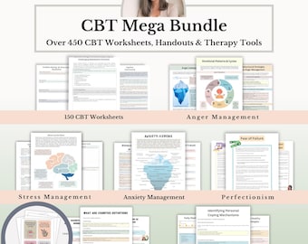 May include: A CBT Mega Bundle featuring over 450 therapy worksheets, handouts, and tools. The collection includes documents on anger management, stress management, anxiety management, perfectionism, cognitive distortions, and building resilience.