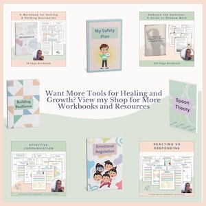 May include: A collection of printable workbooks for personal growth and healing. The workbooks cover topics such as setting boundaries, building resilience, emotional regulation, effective communication, and reacting vs responding. The workbooks are designed to help individuals develop healthy coping mechanisms and improve their overall well-being.