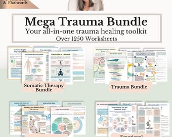 May include: A digital product image featuring a "Mega Trauma Bundle" with over 1250 worksheets and flashcards. The image is divided into sections for Somatic Therapy, Trauma, DBT, and Emotional Regulation. The product is available in A4 and US Letter sizes.