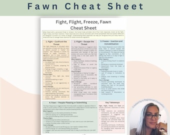Trauma Response: Flight, Flight, Freeze and Fawn cheat sheet, Digital download, counselling resources