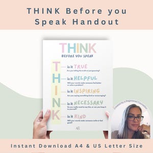 May include: A printable poster with the word "THINK" in large, colourful letters. The poster encourages people to think before they speak by asking if what they are about to say is true, helpful, inspiring, necessary, and kind.