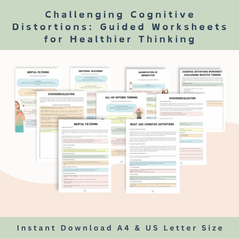 Pu&ograve; includere: Una raccolta di fogli di lavoro stampabili intitolati "Challenging Cognitive Distortions: Guided Worksheets for Healthier Thinking". I fogli di lavoro trattano argomenti come il filtraggio mentale e la sovra-generalizzazione. Il testo "Instant Download A4 & US Letter Size" &egrave; visibile.