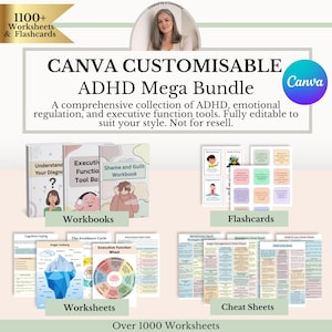 Bundel ADHD-werkbladen, pdf, 1100+ therapieactiviteiten, printables executieve functies, bewerkbare canva-sjablonen, bronnen voor geestelijke gezondheid