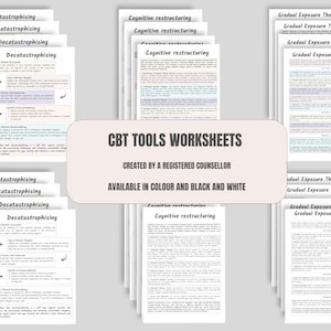 May include: A set of printable worksheets for cognitive behavioral therapy (CBT) tools. The worksheets include techniques for decatastrophizing, cognitive restructuring, and gradual exposure therapy. The worksheets are available in color and black and white.