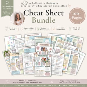 Könnte beinhalten: Ein digitales Paket mit über 100 druckbaren Spickzetteln und Arbeitsblättern zur psychischen Gesundheit. Die Sammlung enthält verschiedene Bildungsdokumente mit Titeln wie Shame vs. Guilt, Grief & Loss und The Achiever in A4- und US-Letter-Größe.