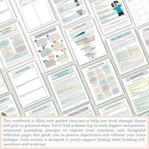 May include: A workbook with various pages featuring titles like "Managing Shame and Guilt" and "Exploring Personal Shame Stories." The pages have diagrams, charts, and text, with a focus on self-awareness and resilience. The text at the bottom describes the workbook's purpose.