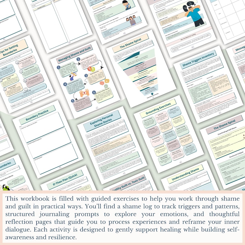May include: A workbook with various pages featuring titles like "Managing Shame and Guilt" and "Exploring Personal Shame Stories." The pages have diagrams, charts, and text, with a focus on self-awareness and resilience. The text at the bottom describes the workbook's purpose.