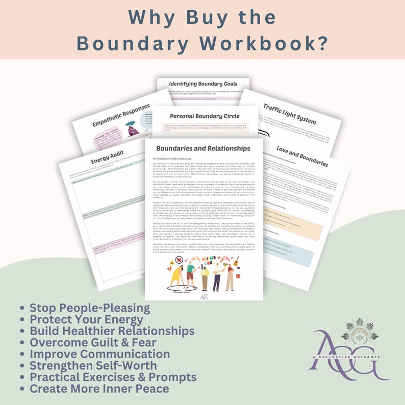 May include: A colorful workbook with the title "Why Buy the Boundary Workbook?" and a list of benefits including "Stop People-Pleasing", "Protect Your Energy", "Build Healthier Relationships", "Overcome Guilt & Fear", "Improve Communication", "Strengthen Self-Worth", "Practical Exercises & Prompts", and "Create More Inner Peace". The workbook is designed to help people set healthy boundaries in their lives.