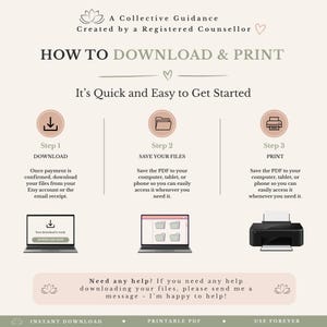 May include: An instructional graphic titled HOW TO DOWNLOAD & PRINT with three steps. Step 1 shows a download icon and laptop. Step 2 shows a folder icon and laptop with files. Step 3 shows a printer icon and a black printer. Text includes instructions.