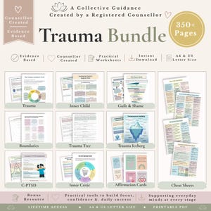 Könnte beinhalten: Ein digitales Trauma Bundle Dokumentenset mit über 350 Seiten an evidenzbasierten Arbeitsblättern und Merkblättern. Die Übersicht umfasst Themen wie Trauma, inneres Kind, Schuld, Scham, Grenzen, Trauma-Baum, Eisberg, C-PTSD und Affirmationskarten.