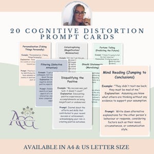 Tarjetas de ayuda sobre distorsión cognitiva / Tarjetas de terapia para TCC / Salud mental, decoración de oficinas y herramientas de bienestar