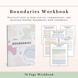 May include: A 76-page Boundaries Workbook featuring a white cover with abstract pastel shapes and the text BOUNDARIES. Beside the book are several internal pages with headings like Identifying Personal Boundaries and How to Recognise Your Boundaries.