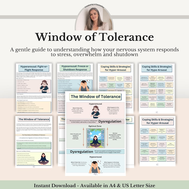 K&ouml;nnte beinhalten: Eine Sammlung druckbarer Leitf&auml;den mit dem Titel "Window of Tolerance" mit Text und Illustrationen. Die Leitf&auml;den behandeln Themen wie Hyperarousal, Hypoarousal und Bew&auml;ltigungsstrategien. Der Text "Sofort-Download - Erh&auml;ltlich in A4 & US Letter Size" ist enthalten.