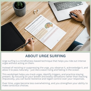 May include: A worksheet titled "The Science Behind Urge Surfing" with a diagram of the brain and text explaining the concept of urge surfing. The text describes urge surfing as a mindfulness-based technique that helps people ride out intense urges without acting on them.