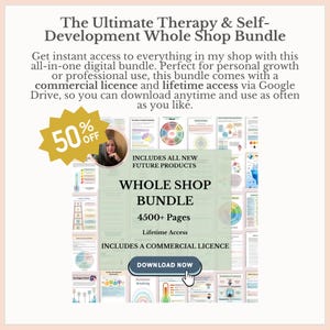 May include: An advertisement for a digital self-development bundle. The image features the text "The Ultimate Therapy & Self-Development Whole Shop Bundle" with a 50% off sticker. The bundle includes 4500+ pages and lifetime access.