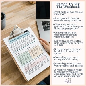 May include: A clipboard with a document titled "Shame Triggers Inventory" is held near a laptop. The document lists external and internal triggers. Text on the right side of the image reads "Reason To Buy The Workbook".