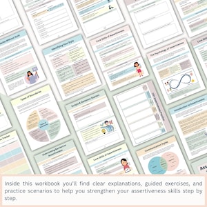 May include: A collection of open workbooks with various titles, including "Types of Boundaries" and "Core Skills of Assertiveness." The pages feature text, diagrams, and illustrations in a soft color palette. The text at the bottom reads: "Inside this workbook..."