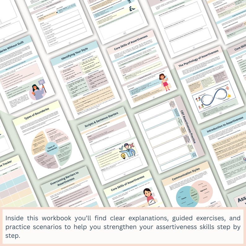 May include: A collection of open workbooks with various titles, including "Types of Boundaries" and "Core Skills of Assertiveness." The pages feature text, diagrams, and illustrations in a soft color palette. The text at the bottom reads: "Inside this workbook..."