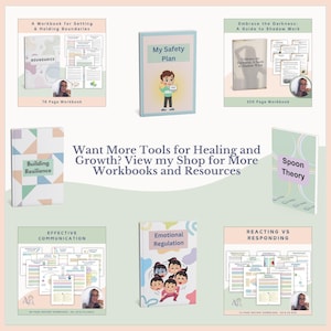 May include: A collection of colorful workbooks with titles such as "Building Resilience", "Effective Communication", "Emotional Regulation", "Reacting vs Responding", "My Safety Plan", "Boundaries", "Spoon Theory", and "Embrace the Darkness: A Guide to Shadow Work".