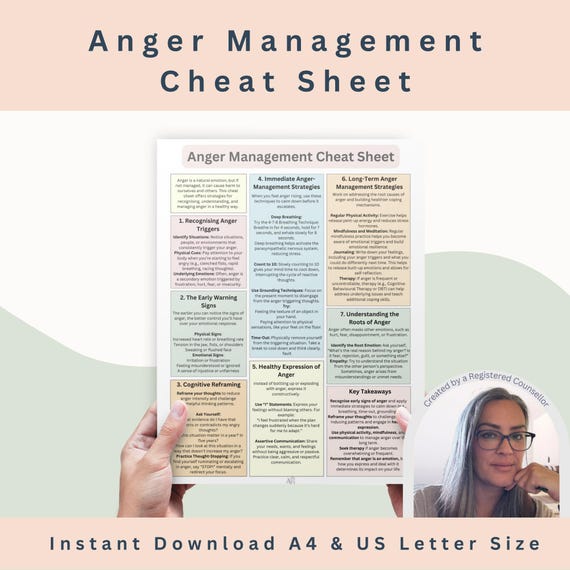 Anger Cheat Sheet | Anger Management Worksheet & CBT Coping Skills Resources for Emotional Support