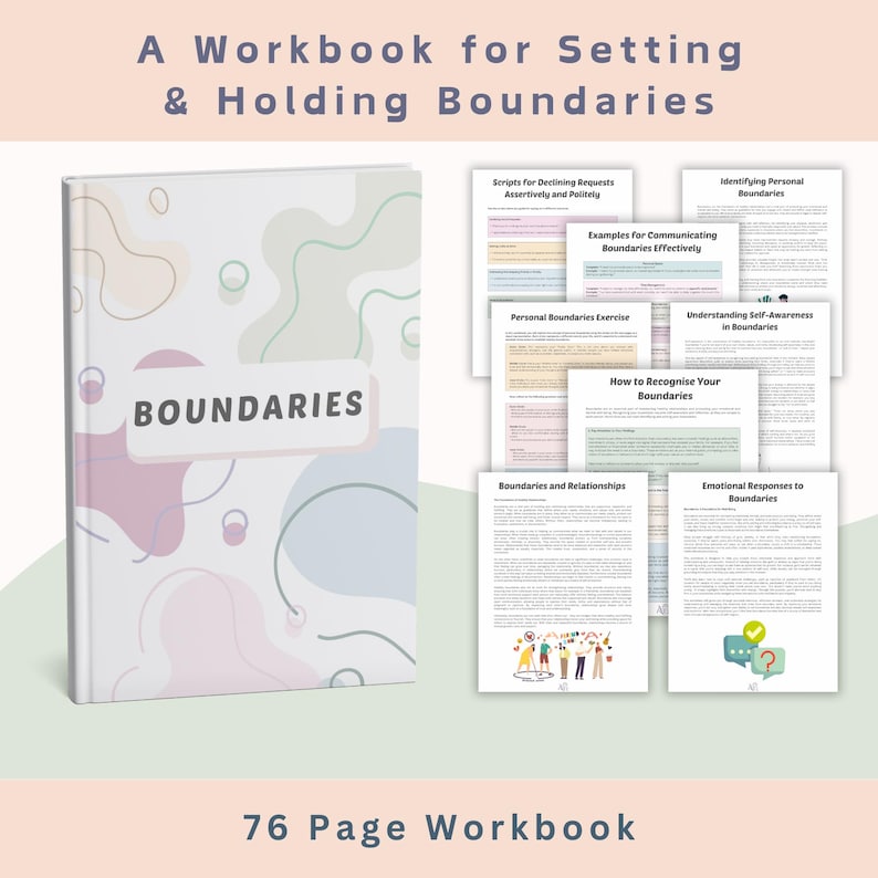 May include: A pink and white workbook with the word "BOUNDARIES" in large, bold letters on the cover. The workbook is 76 pages long and includes sections on identifying personal boundaries, communicating boundaries effectively, and recognizing your boundaries.