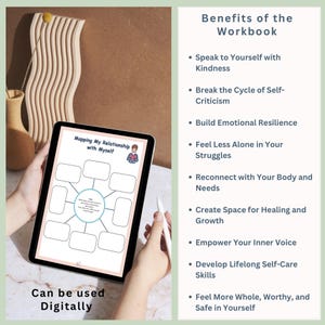 May include: A digital workbook titled "Mapping My Relationship with Myself" with a heart icon and a person holding a heart. The workbook is open to a page with a mind map template. The benefits of the workbook are listed on the right side of the image.