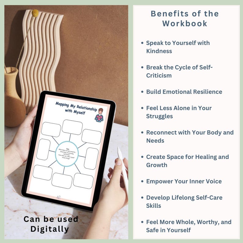 May include: A digital workbook titled "Mapping My Relationship with Myself" with a heart icon and a person holding a heart. The workbook is open to a page with a mind map template. The benefits of the workbook are listed on the right side of the image.