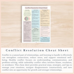 May include: A printed "Conflict Resolution Cheat Sheet" on a light beige background. The sheet includes sections on conflict styles, step-by-step resolution, and managing emotional triggers. The title is in a bold, dark font.