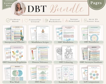May include: A digital DBT bundle featuring 450+ pages of evidence-based worksheets and handouts. The document includes sections on interpersonal effectiveness, mindfulness, emotional regulation, distress tolerance, and self-compassion in A4 and US Letter sizes.