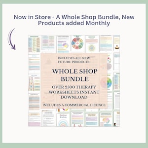 May include: A collage of colorful therapy worksheets, with the text "Whole Shop Bundle" and "Over 2500 Therapy Worksheets Instant Download" in bold, white text. The text "Includes all new future products" and "Includes a commercial licence" are also included in the image.