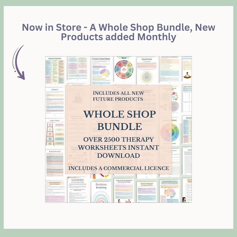 May include: A collage of colorful therapy worksheets, with the text "Whole Shop Bundle" and "Over 2500 Therapy Worksheets Instant Download" in bold, white text. The text "Includes all new future products" and "Includes a commercial licence" are also included in the image.