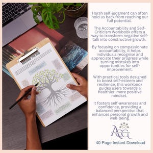 May include: A 40-page workbook titled "Accountability and Self-Criticism Workbook" with a green tree graphic on the cover. The workbook is designed to help individuals recognize and appreciate their progress while turning mistakes into opportunities for self-improvement.
