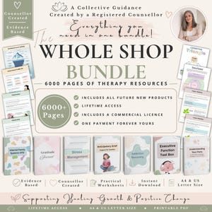 May include: A digital therapy resource bundle featuring 6000 pages of printable worksheets, journals, and guides. The design includes text such as Whole Shop Bundle, 6000+ Pages, and Evidence Based. It displays various document covers with soft pastel patterns and titles like Stress Management, Gratitude Journal, and Executive Function Tool Box.