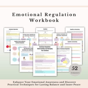 May include: An Emotional Regulation Workbook featuring 52 worksheets with various headers including Emotional Exploration, Emotions, Cognitive Restructuring, and Coping Strategies. The pages contain text, bullet points, and illustrations.