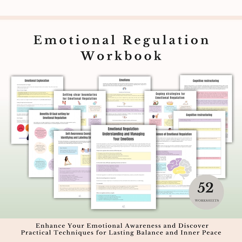 May include: An Emotional Regulation Workbook featuring 52 worksheets with various headers including Emotional Exploration, Emotions, Cognitive Restructuring, and Coping Strategies. The pages contain text, bullet points, and illustrations.
