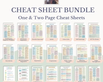 Può includere: Un pacchetto di foglietti stampabili per risorse di consulenza. I foglietti trattano argomenti come la regolazione emotiva, l'ADHD e l'auto-sabotaggio. Il titolo "CHEAT SHEET BUNDLE" è visualizzato in alto, con il testo "One & Two Page Cheat Sheets" sotto.