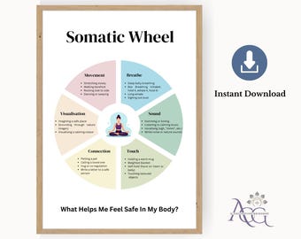 May include: A framed print titled "Somatic Wheel" with a diagram illustrating techniques for feeling safe. The wheel is divided into sections like Movement, Breathe, and Touch, with related practices listed. The image includes the text "Instant Download".