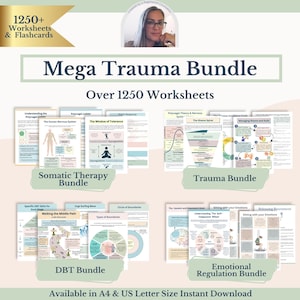 Puede incluir: Un paquete de descarga digital titulado "Mega Trauma Bundle" con más de 1250 hojas de trabajo y tarjetas. La imagen presenta varios paquetes: Terapia Somática, Trauma, DBT y Regulación Emocional. La imagen incluye el texto "Disponible en descarga instantánea en tamaño A4 y US Letter".