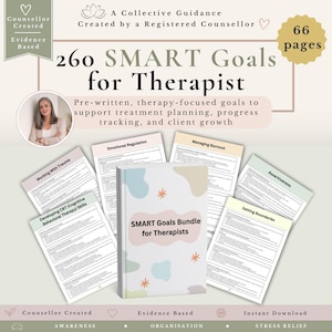 May include: A 66-page digital resource titled 260 SMART Goals for Therapist, featuring a central book cover with abstract shapes and stars, surrounded by therapy-focused worksheets on topics like emotional regulation, burnout, and trauma.