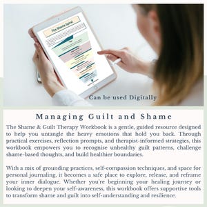 May include: A digital tablet displaying a diagram titled "The Shame Spiral" with text that reads "Can be used Digitally." The image also includes text that says "Managing Guilt and Shame."