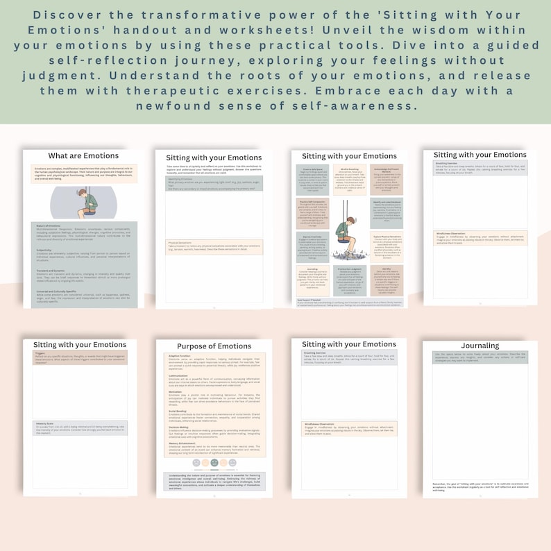 Pu&ograve; includere: Una raccolta di fogli di lavoro e dispense intitolate "Sitting with Your Emotions". Le pagine presentano testo e illustrazioni, progettate per l'autoriflessione e l'esplorazione emotiva. La tavolozza dei colori include verdi tenui, beige e bianco.