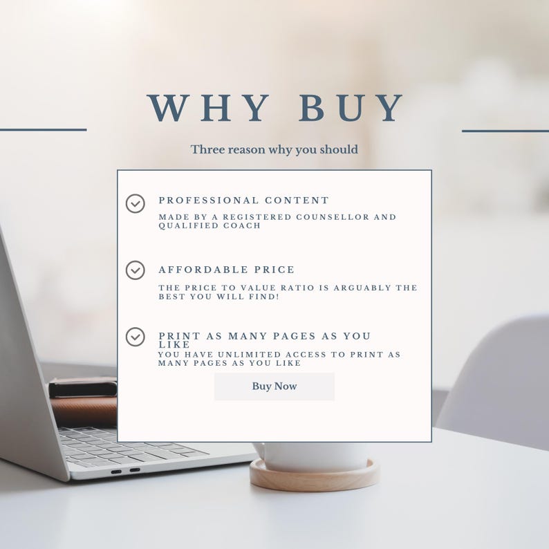 May include: A digital marketing image with the text "WHY BUY" and three reasons to purchase. The reasons include professional content, affordable price, and unlimited printing. A laptop and a cup of coffee are in the background.