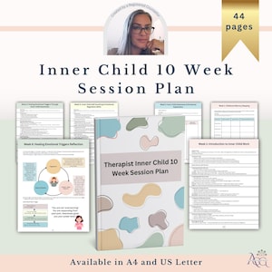 Può includere: Un piano di sessione di 44 pagine intitolato "Inner Child 10 Week Session Plan". La copertina presenta forme astratte in colori pastello. Il piano include vari fogli di lavoro ed è disponibile nei formati A4 e US Letter.