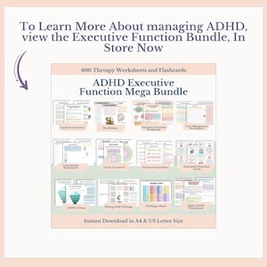 May include: A digital download of 400 therapy worksheets and flashcards for managing ADHD. The bundle includes worksheets on cognitive distortion, mindfulness, executive function, time management, goal setting, circle of control, emotional regulation, and feelings. The bundle also includes executive function cards and an adult ADHD workbook. The text "ADHD Executive Function Mega Bundle" is displayed in large, bold letters.