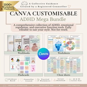 May include: A digital ADHD mega bundle featuring 1100+ worksheets and flashcards. The collection includes workbooks, worksheets, flashcards, and cheat sheets with titles like Executive Function Tool Box and Shame and Guilt Workbook. Includes Canva branding.