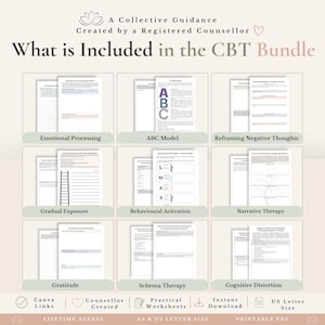 May include: A CBT bundle of printable worksheets featuring titles including Emotional Processing, ABC Model, Reframing Negative Thoughts, Gradual Exposure, Behavioural Activation, Narrative Therapy, Gratitude, Schema Therapy, and Cognitive Distortion.