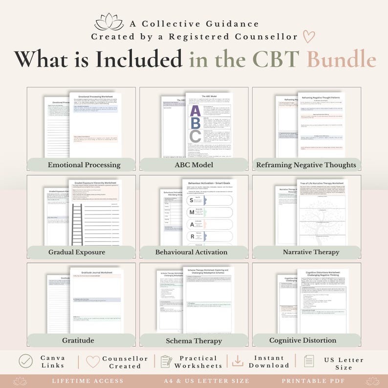 May include: A CBT bundle of printable worksheets featuring titles including Emotional Processing, ABC Model, Reframing Negative Thoughts, Gradual Exposure, Behavioural Activation, Narrative Therapy, Gratitude, Schema Therapy, and Cognitive Distortion.